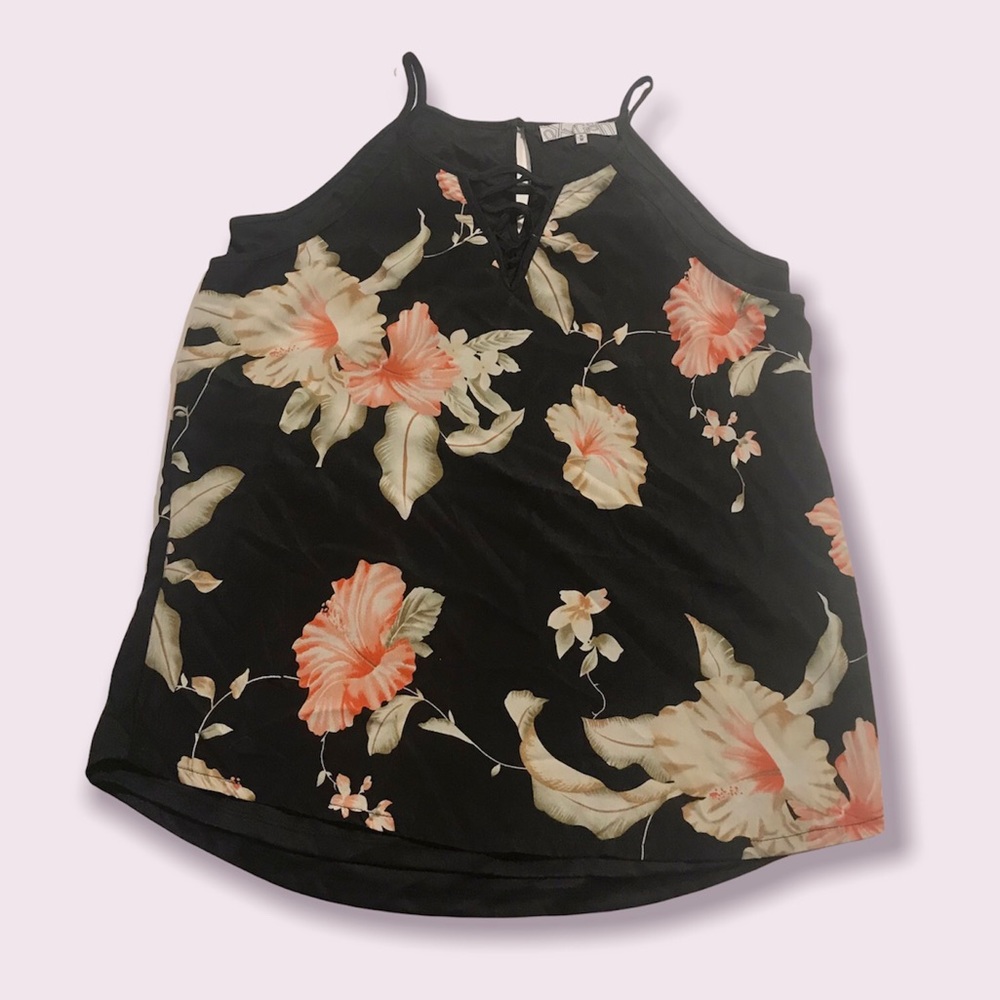 🌟SALE 2/$10.00‼️ Oxygen Women’s Black / Floral, lace up V-neck blouse size M